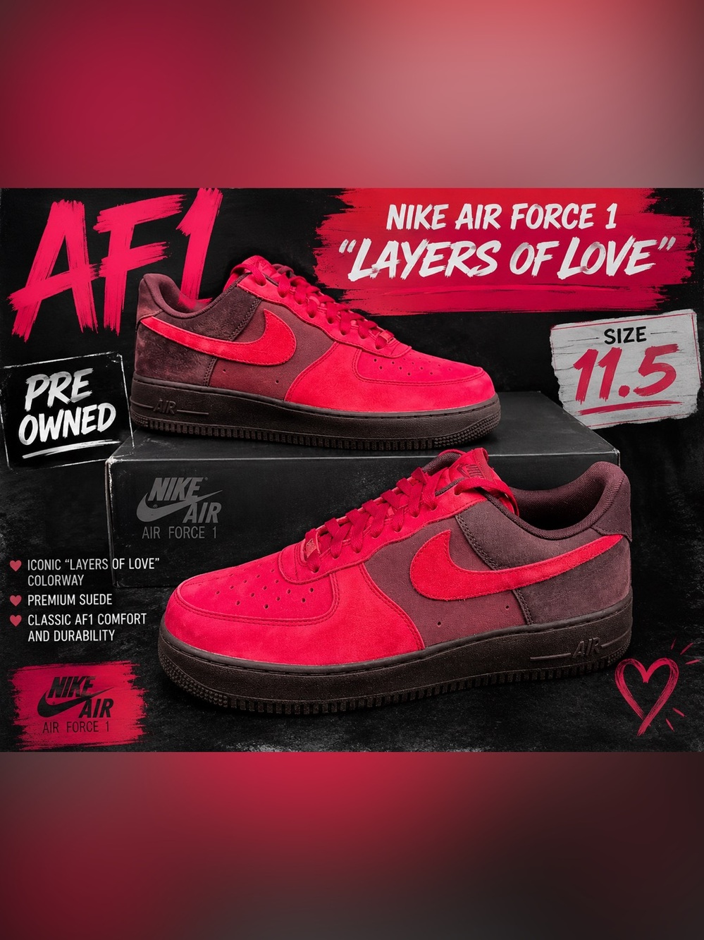 Nike Air Force 1 "Layers of Love" Red & Maroon Sneakers